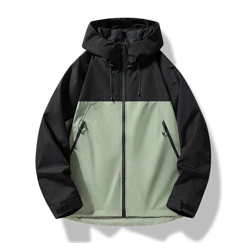 Men's green all-weather hooded shell jacket for cold weather wear