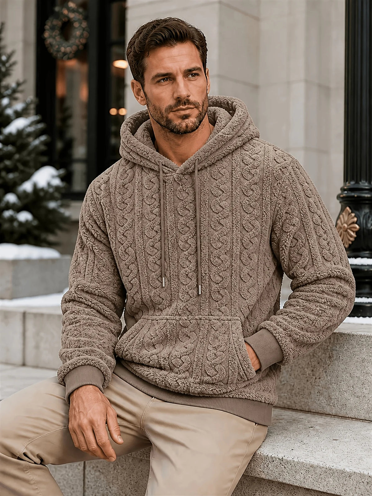 Men's beige striped zip-up hoodie for cold autumn and winter days